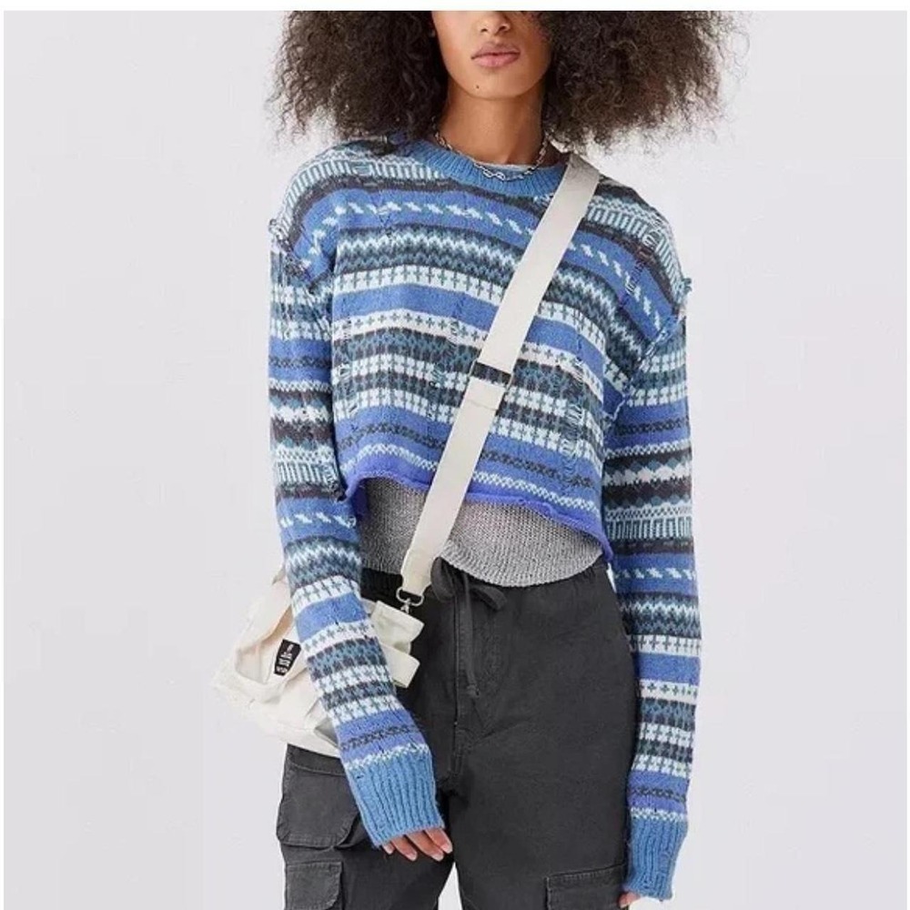 Urban Outfitters BDG Blue White Striped Nico Distressed Cropped Jumper Size S